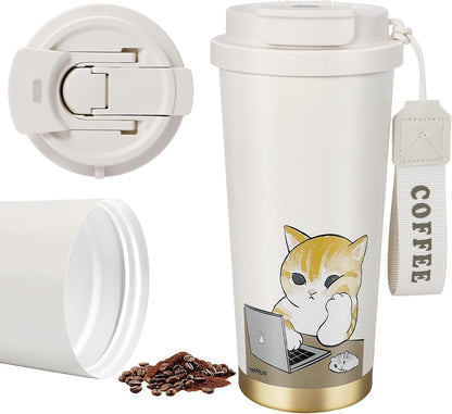 Insulated Tumbler With Lid And Straw, Stainless Steel Cat Coffee Tumbler 16 Oz, Travel Ceramic Lined Coffee Tumbler, Double Wall Vacuum Leak Proof Mug For Office School Party Camping (Glass Cat)