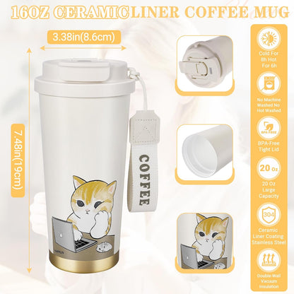 Insulated Tumbler With Lid And Straw, Stainless Steel Cat Coffee Tumbler 16 Oz, Travel Ceramic Lined Coffee Tumbler, Double Wall Vacuum Leak Proof Mug For Office School Party Camping (Glass Cat)