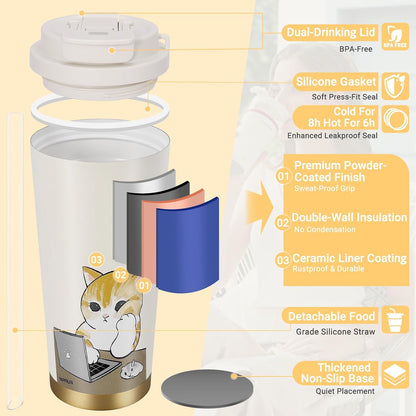 Insulated Tumbler With Lid And Straw, Stainless Steel Cat Coffee Tumbler 16 Oz, Travel Ceramic Lined Coffee Tumbler, Double Wall Vacuum Leak Proof Mug For Office School Party Camping (Glass Cat)