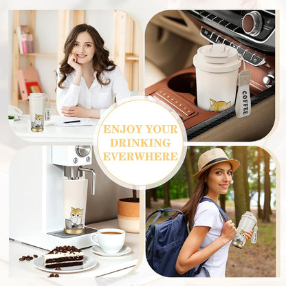 Insulated Tumbler With Lid And Straw, Stainless Steel Cat Coffee Tumbler 16 Oz, Travel Ceramic Lined Coffee Tumbler, Double Wall Vacuum Leak Proof Mug For Office School Party Camping (Glass Cat)