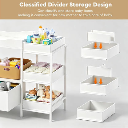 Baby Changing Table with Storage,Heavy-Duty Diaper Changing Station, White Nursery Dresser Organizer with 2 Large Fabric Baby Drawers, 3 Diaper Caddy Bin & Wood Shelf, Kids & Baby Bedroom Furniture