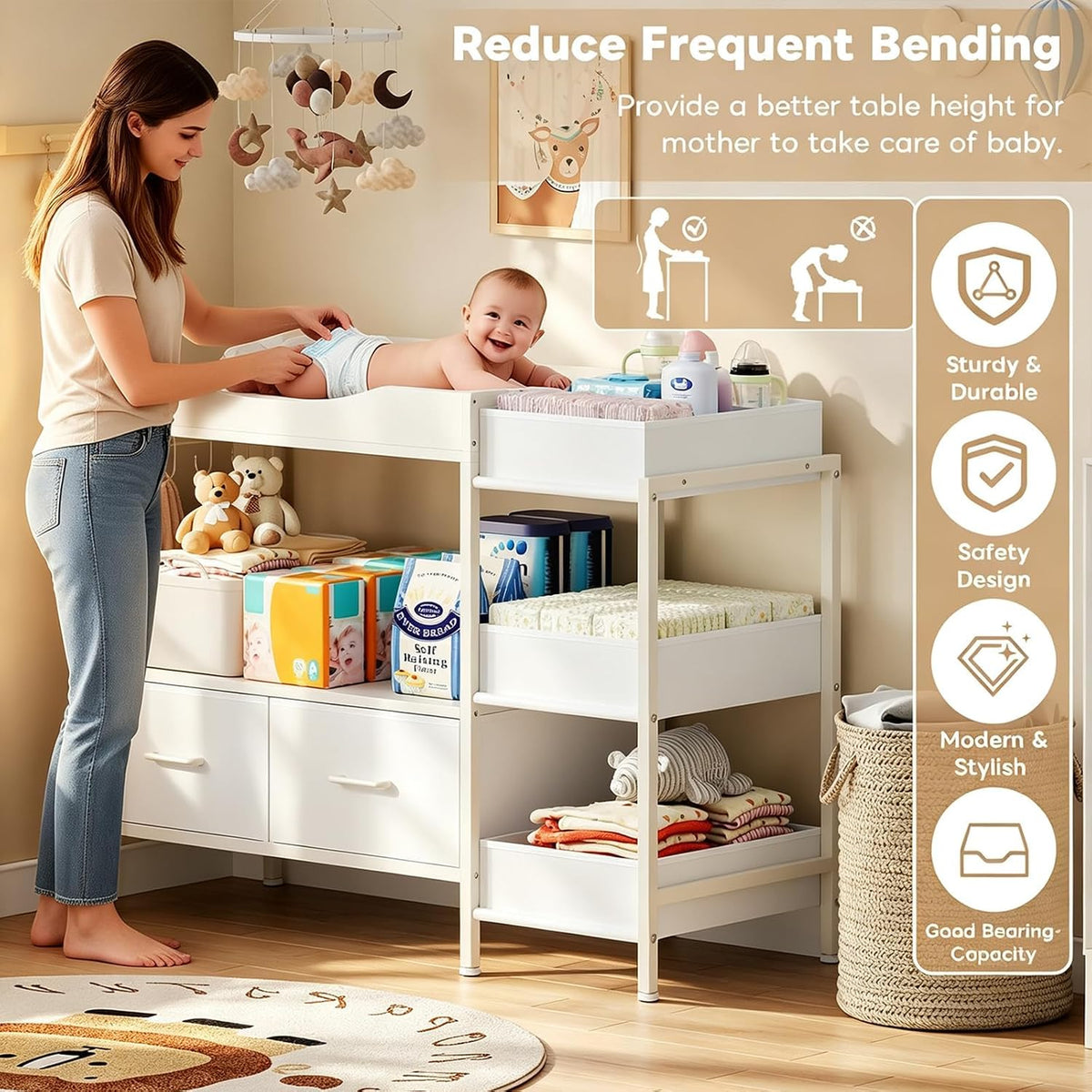 Baby Changing Table with Storage,Heavy-Duty Diaper Changing Station, White Nursery Dresser Organizer with 2 Large Fabric Baby Drawers, 3 Diaper Caddy Bin & Wood Shelf, Kids & Baby Bedroom Furniture