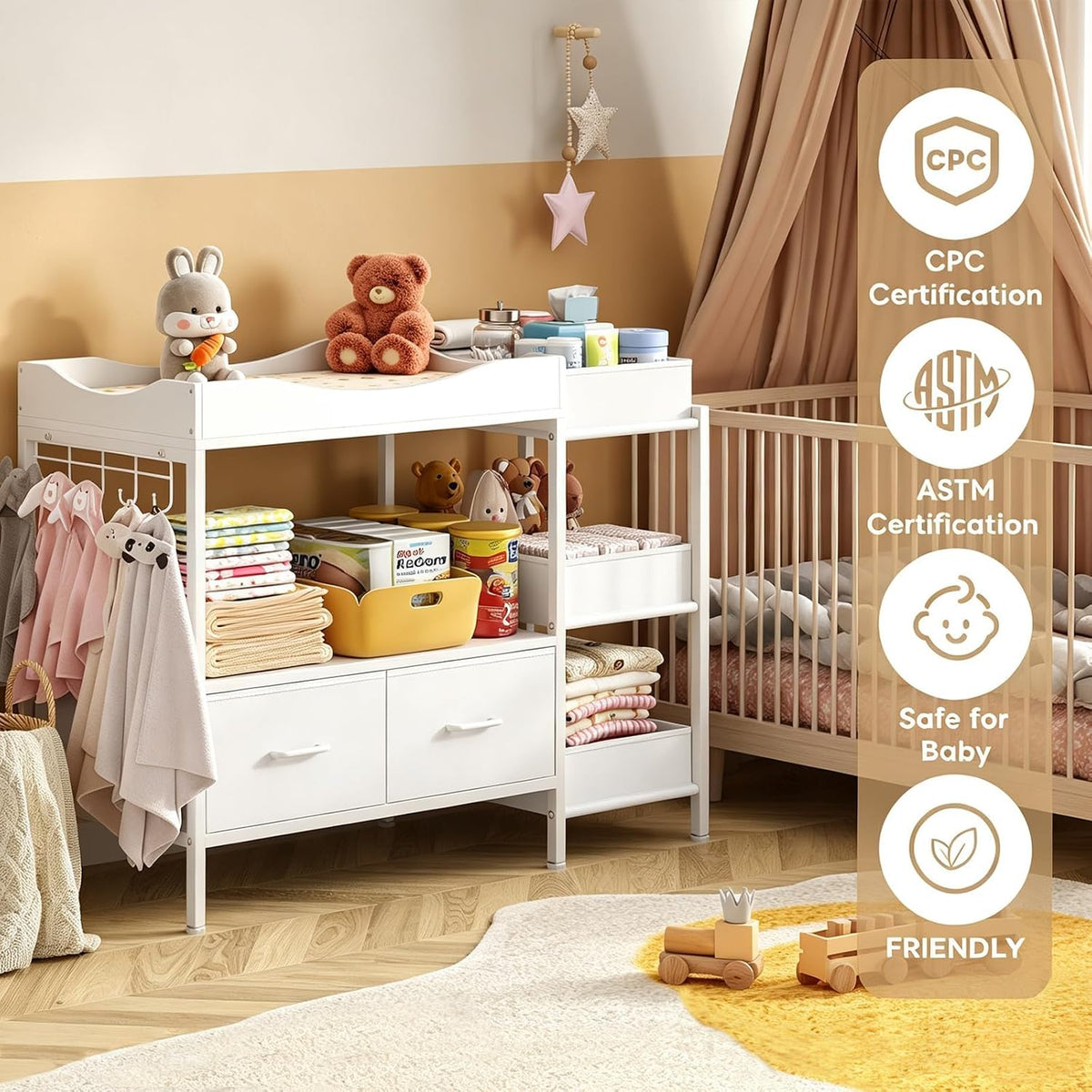 Baby Changing Table with Storage,Heavy-Duty Diaper Changing Station, White Nursery Dresser Organizer with 2 Large Fabric Baby Drawers, 3 Diaper Caddy Bin & Wood Shelf, Kids & Baby Bedroom Furniture
