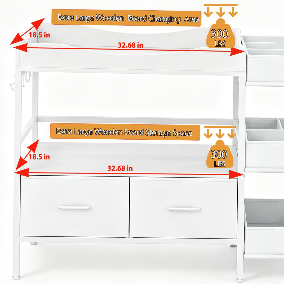 Baby Changing Table with Storage,Heavy-Duty Diaper Changing Station, White Nursery Dresser Organizer with 2 Large Fabric Baby Drawers, 3 Diaper Caddy Bin & Wood Shelf, Kids & Baby Bedroom Furniture