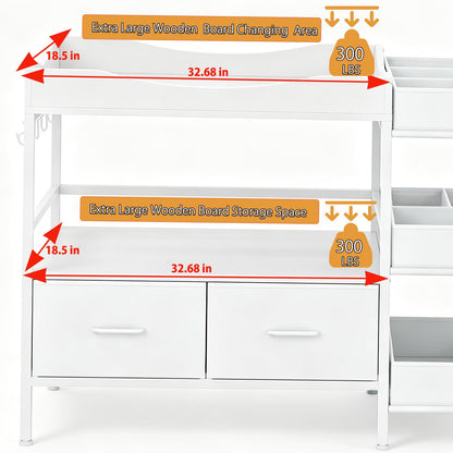 Baby Changing Table with Storage,Heavy-Duty Diaper Changing Station, White Nursery Dresser Organizer with 2 Large Fabric Baby Drawers, 3 Diaper Caddy Bin & Wood Shelf, Kids & Baby Bedroom Furniture