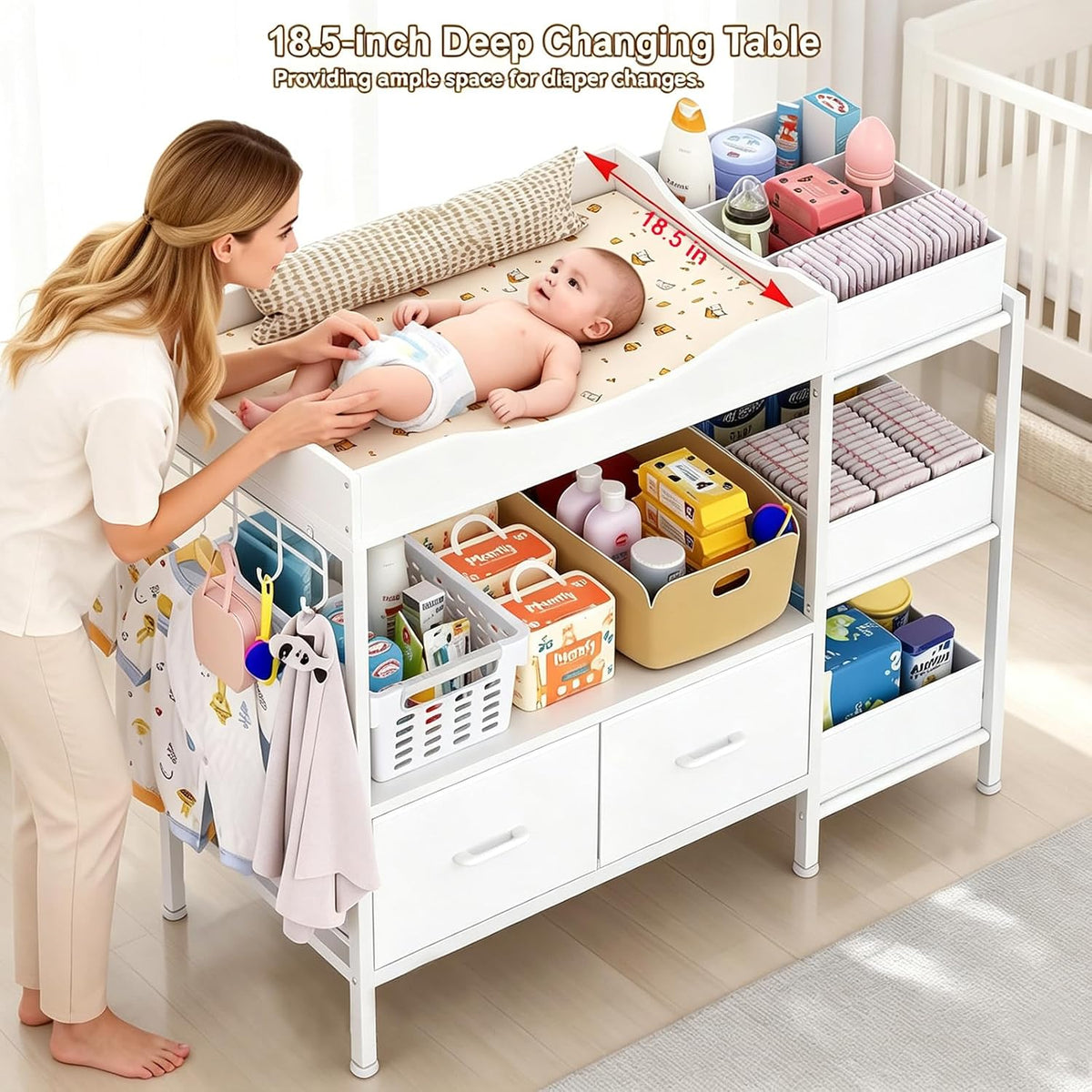 Baby Changing Table with Storage,Heavy-Duty Diaper Changing Station, White Nursery Dresser Organizer with 2 Large Fabric Baby Drawers, 3 Diaper Caddy Bin & Wood Shelf, Kids & Baby Bedroom Furniture