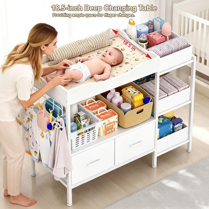 Baby Changing Table with Storage,Heavy-Duty Diaper Changing Station, White Nursery Dresser Organizer with 2 Large Fabric Baby Drawers, 3 Diaper Caddy Bin & Wood Shelf, Kids & Baby Bedroom Furniture
