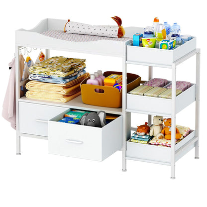 Baby Changing Table with Storage,Heavy-Duty Diaper Changing Station, White Nursery Dresser Organizer with 2 Large Fabric Baby Drawers, 3 Diaper Caddy Bin & Wood Shelf, Kids & Baby Bedroom Furniture