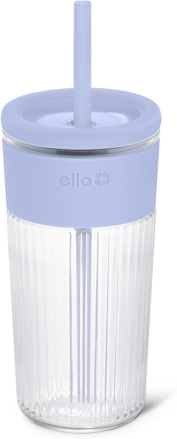 Devon Glass Tumbler , Protective No Sweat Silicone Sleeve and Splash Proof Wooden Detail Lid with Straw, 18 oz | Glass smoothie cup with friction-fit lid. BPA-free, great for iced coffee, tea, and cold drinks.