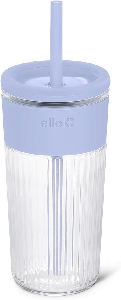 Devon Glass Tumbler , Protective No Sweat Silicone Sleeve and Splash Proof Wooden Detail Lid with Straw, 18 oz | Glass smoothie cup with friction-fit lid. BPA-free, great for iced coffee, tea, and cold drinks.