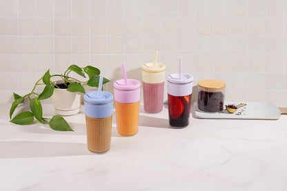 Devon Glass Tumbler , Protective No Sweat Silicone Sleeve and Splash Proof Wooden Detail Lid with Straw, 18 oz | Glass smoothie cup with friction-fit lid. BPA-free, great for iced coffee, tea, and cold drinks.