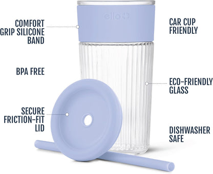 Devon Glass Tumbler , Protective No Sweat Silicone Sleeve and Splash Proof Wooden Detail Lid with Straw, 18 oz | Glass smoothie cup with friction-fit lid. BPA-free, great for iced coffee, tea, and cold drinks.