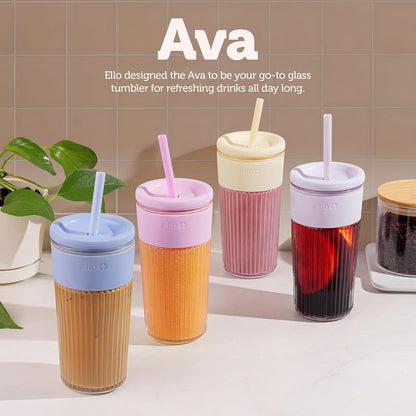 Devon Glass Tumbler , Protective No Sweat Silicone Sleeve and Splash Proof Wooden Detail Lid with Straw, 18 oz | Glass smoothie cup with friction-fit lid. BPA-free, great for iced coffee, tea, and cold drinks.