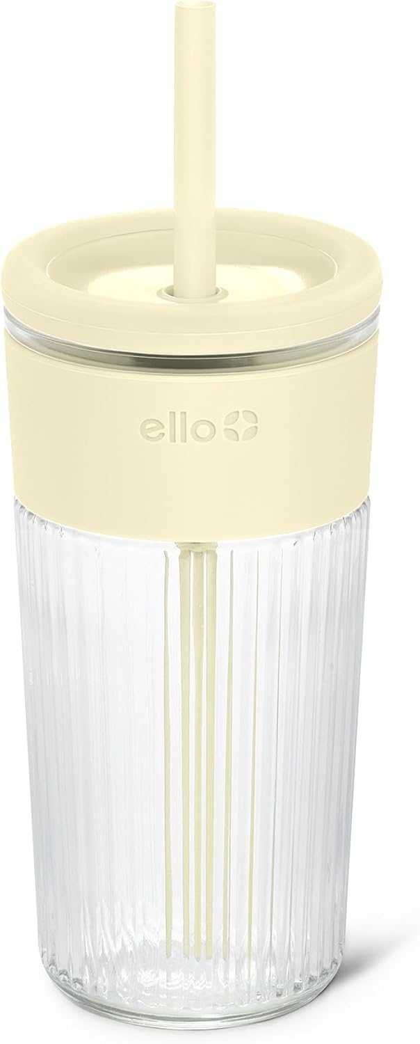 Devon Glass Tumbler , Protective No Sweat Silicone Sleeve and Splash Proof Wooden Detail Lid with Straw, 18 oz | Glass smoothie cup with friction-fit lid. BPA-free, great for iced coffee, tea, and cold drinks.