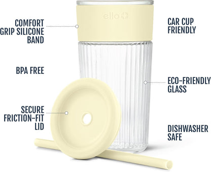 Devon Glass Tumbler , Protective No Sweat Silicone Sleeve and Splash Proof Wooden Detail Lid with Straw, 18 oz | Glass smoothie cup with friction-fit lid. BPA-free, great for iced coffee, tea, and cold drinks.