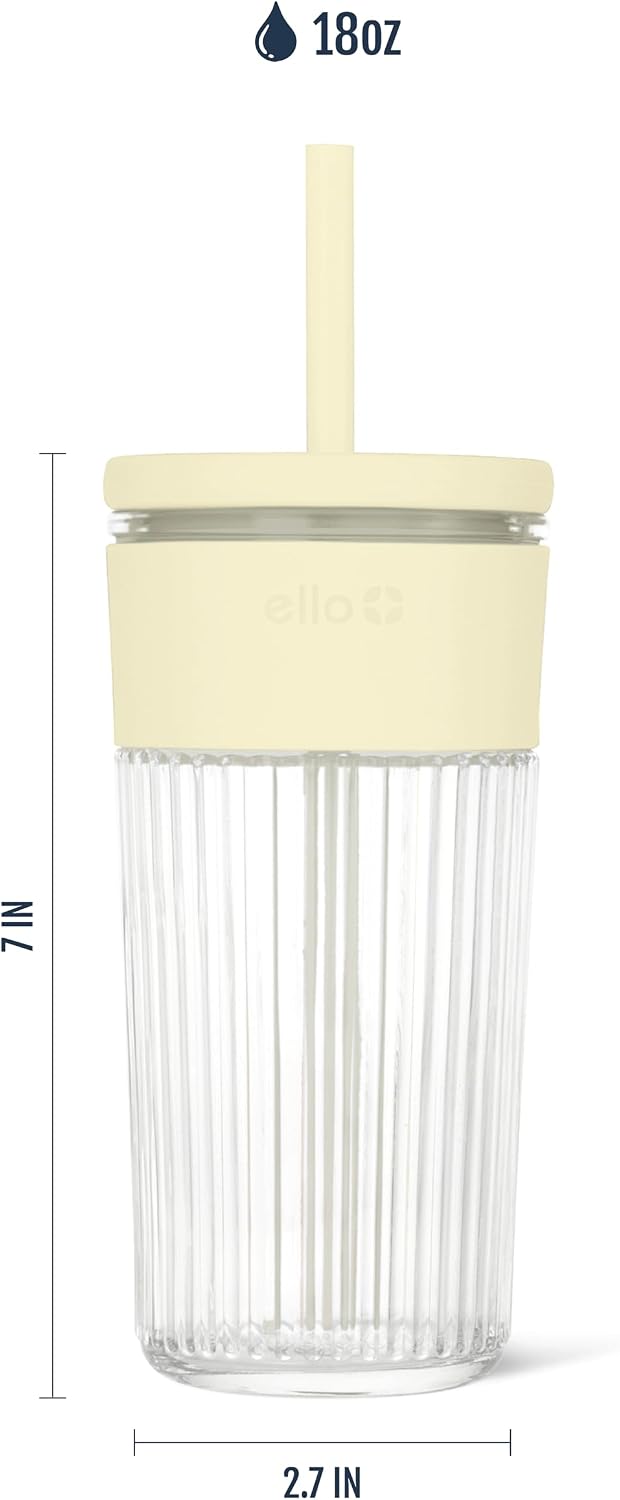 Devon Glass Tumbler , Protective No Sweat Silicone Sleeve and Splash Proof Wooden Detail Lid with Straw, 18 oz | Glass smoothie cup with friction-fit lid. BPA-free, great for iced coffee, tea, and cold drinks.