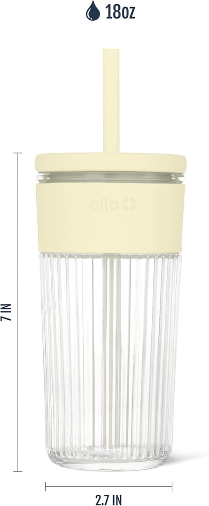 Devon Glass Tumbler , Protective No Sweat Silicone Sleeve and Splash Proof Wooden Detail Lid with Straw, 18 oz | Glass smoothie cup with friction-fit lid. BPA-free, great for iced coffee, tea, and cold drinks.