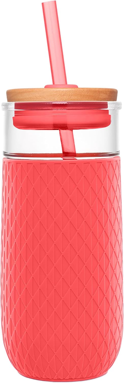 Devon Glass Tumbler , Protective No Sweat Silicone Sleeve and Splash Proof Wooden Detail Lid with Straw, 18 oz | Glass smoothie cup with friction-fit lid. BPA-free, great for iced coffee, tea, and cold drinks.