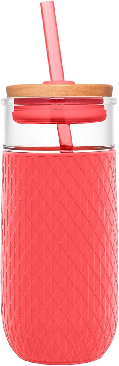Devon Glass Tumbler , Protective No Sweat Silicone Sleeve and Splash Proof Wooden Detail Lid with Straw, 18 oz | Glass smoothie cup with friction-fit lid. BPA-free, great for iced coffee, tea, and cold drinks.
