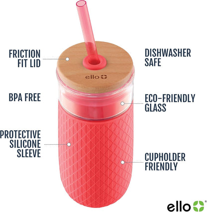 Devon Glass Tumbler , Protective No Sweat Silicone Sleeve and Splash Proof Wooden Detail Lid with Straw, 18 oz | Glass smoothie cup with friction-fit lid. BPA-free, great for iced coffee, tea, and cold drinks.