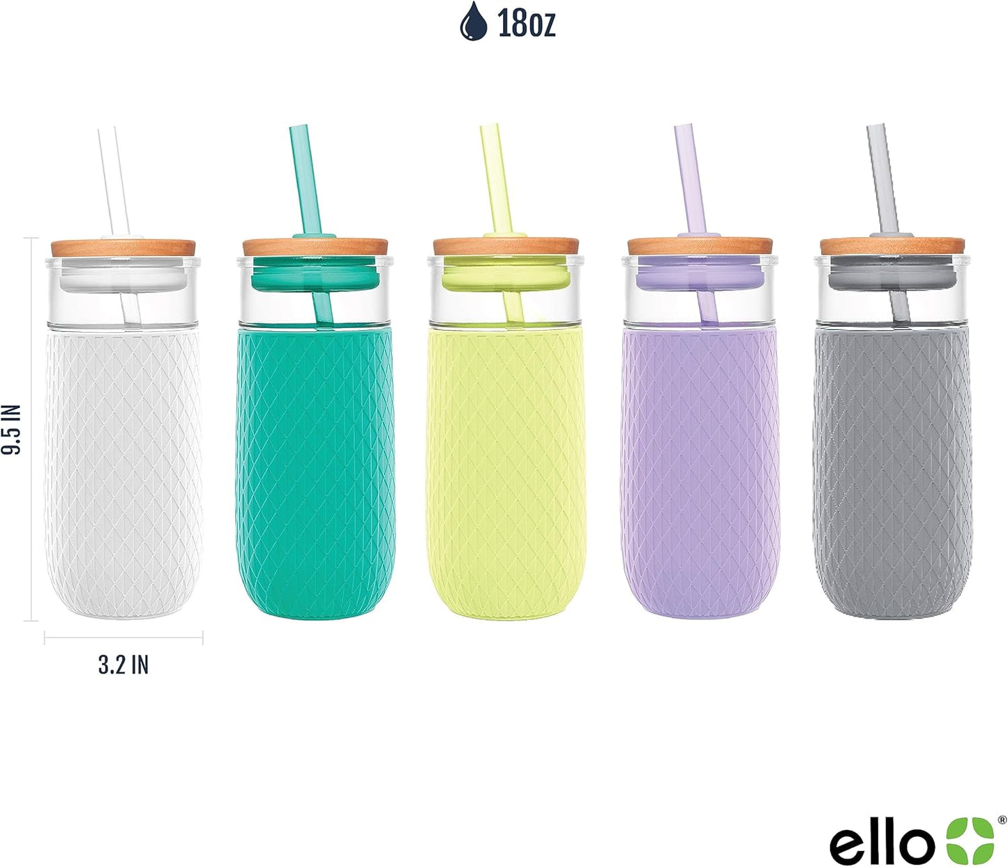 Devon Glass Tumbler , Protective No Sweat Silicone Sleeve and Splash Proof Wooden Detail Lid with Straw, 18 oz | Glass smoothie cup with friction-fit lid. BPA-free, great for iced coffee, tea, and cold drinks.