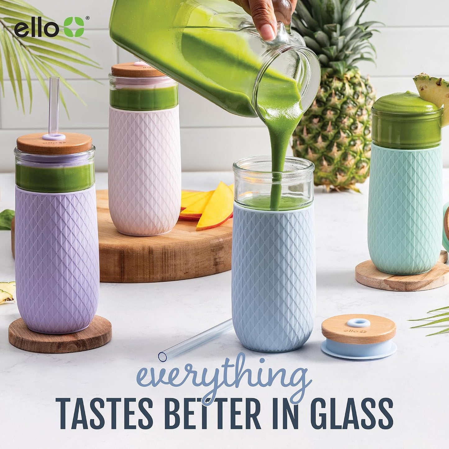 Devon Glass Tumbler , Protective No Sweat Silicone Sleeve and Splash Proof Wooden Detail Lid with Straw, 18 oz | Glass smoothie cup with friction-fit lid. BPA-free, great for iced coffee, tea, and cold drinks.