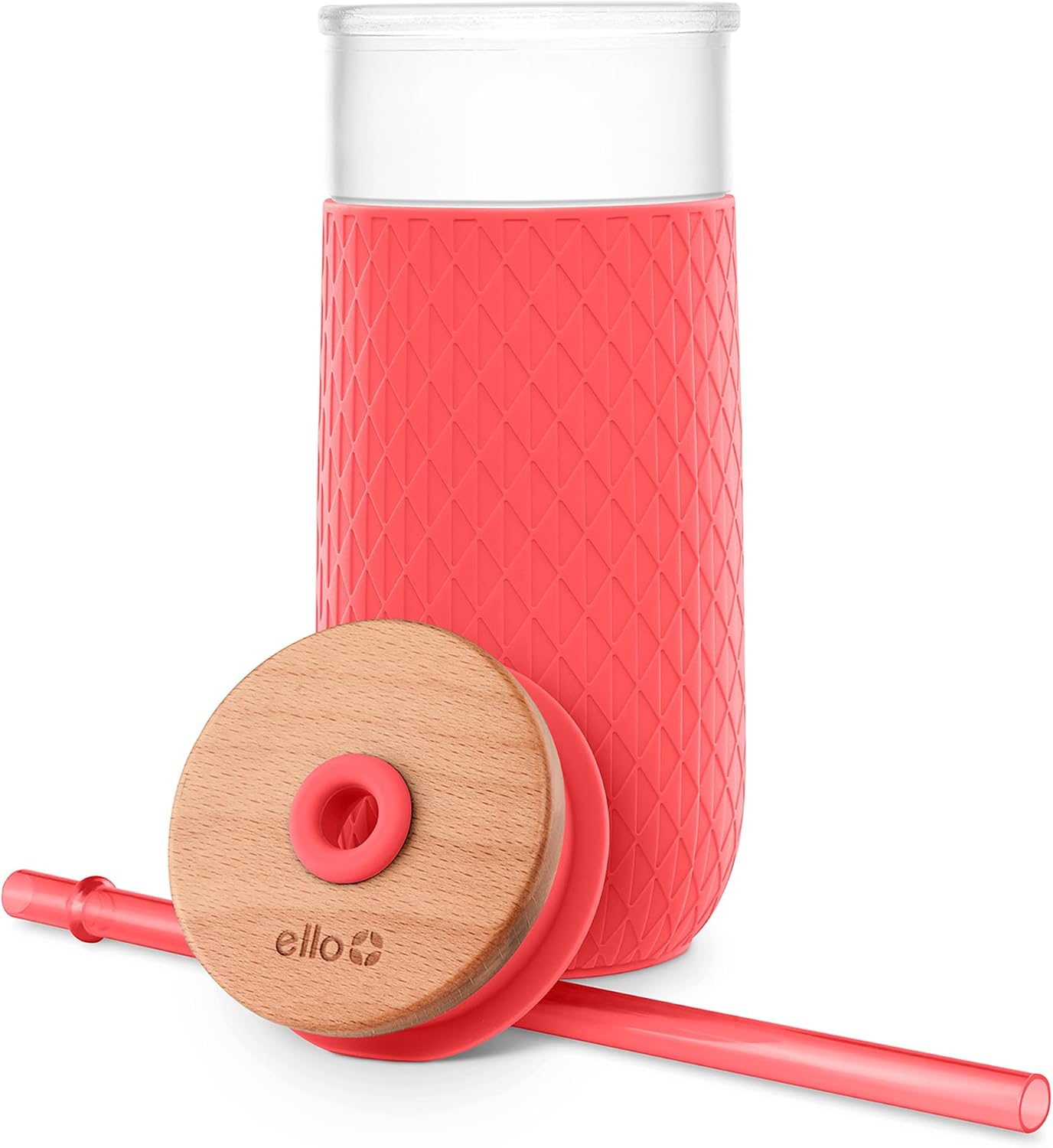 Devon Glass Tumbler , Protective No Sweat Silicone Sleeve and Splash Proof Wooden Detail Lid with Straw, 18 oz | Glass smoothie cup with friction-fit lid. BPA-free, great for iced coffee, tea, and cold drinks.