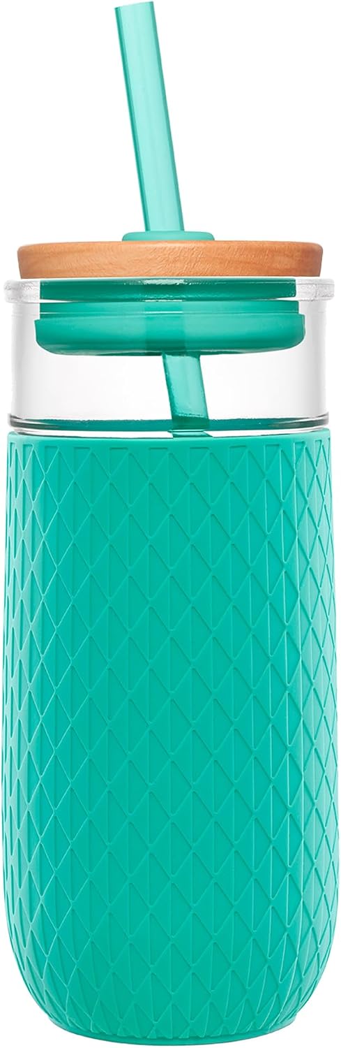 Devon Glass Tumbler , Protective No Sweat Silicone Sleeve and Splash Proof Wooden Detail Lid with Straw, 18 oz | Glass smoothie cup with friction-fit lid. BPA-free, great for iced coffee, tea, and cold drinks.