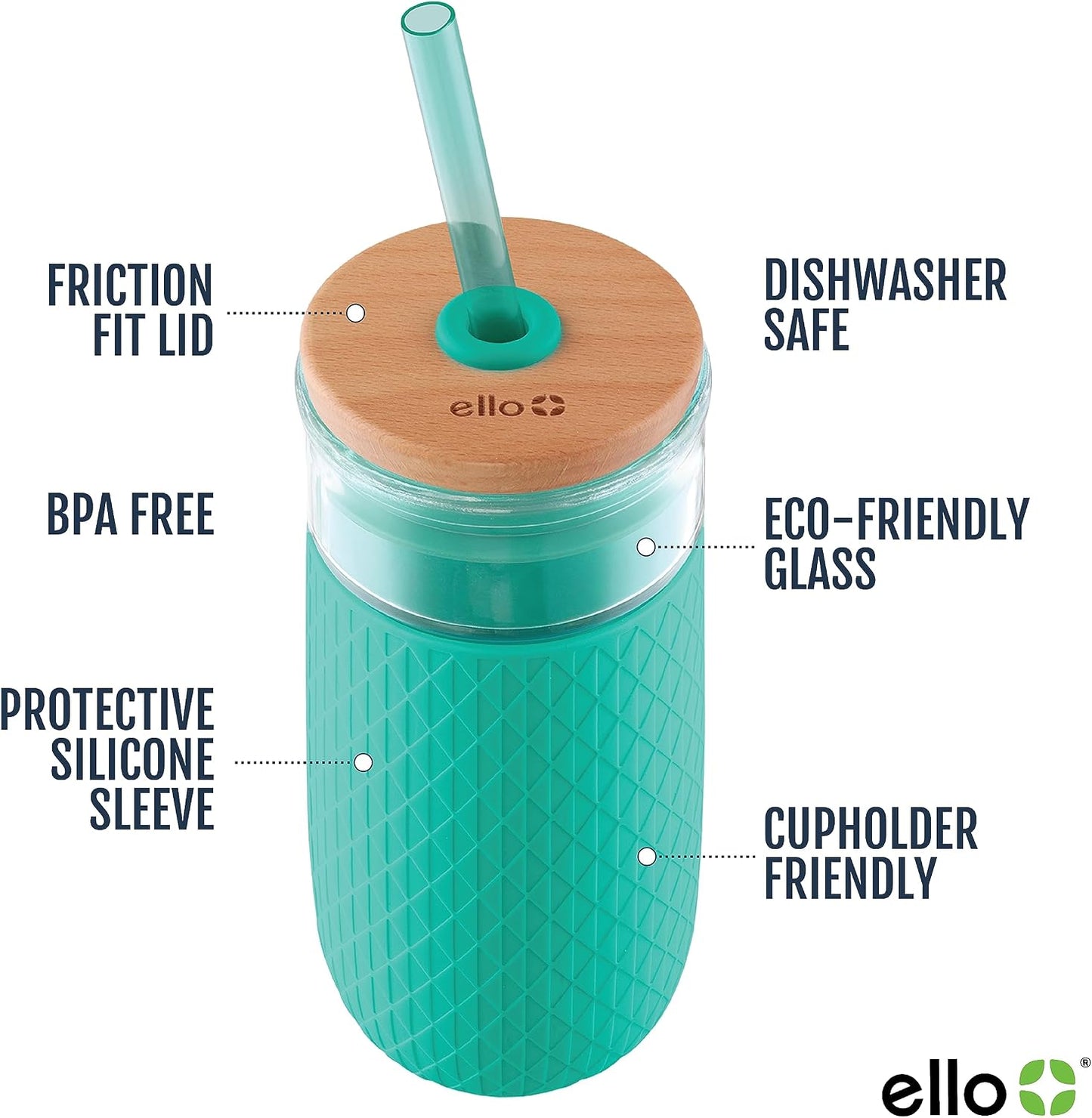 Devon Glass Tumbler , Protective No Sweat Silicone Sleeve and Splash Proof Wooden Detail Lid with Straw, 18 oz | Glass smoothie cup with friction-fit lid. BPA-free, great for iced coffee, tea, and cold drinks.