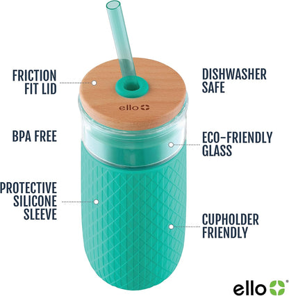 Devon Glass Tumbler , Protective No Sweat Silicone Sleeve and Splash Proof Wooden Detail Lid with Straw, 18 oz | Glass smoothie cup with friction-fit lid. BPA-free, great for iced coffee, tea, and cold drinks.