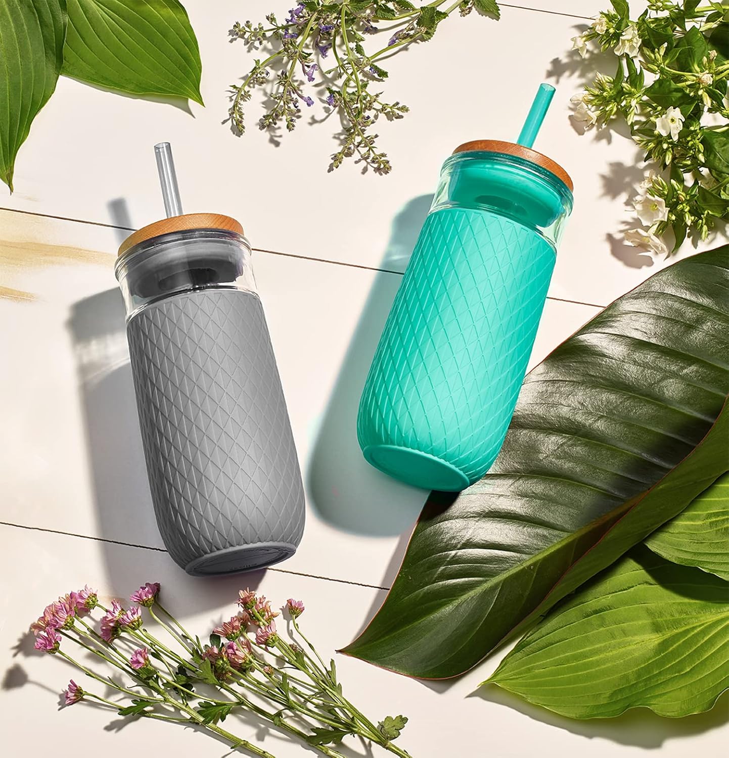 Devon Glass Tumbler , Protective No Sweat Silicone Sleeve and Splash Proof Wooden Detail Lid with Straw, 18 oz | Glass smoothie cup with friction-fit lid. BPA-free, great for iced coffee, tea, and cold drinks.