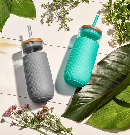 Devon Glass Tumbler , Protective No Sweat Silicone Sleeve and Splash Proof Wooden Detail Lid with Straw, 18 oz | Glass smoothie cup with friction-fit lid. BPA-free, great for iced coffee, tea, and cold drinks.