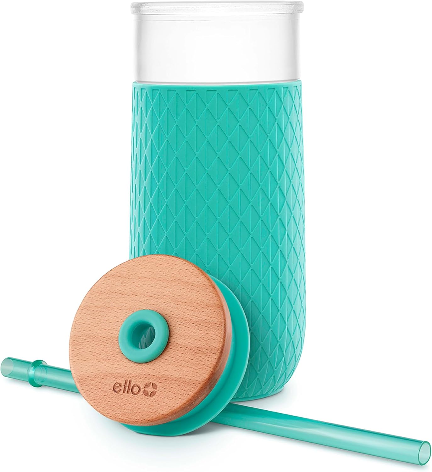 Devon Glass Tumbler , Protective No Sweat Silicone Sleeve and Splash Proof Wooden Detail Lid with Straw, 18 oz | Glass smoothie cup with friction-fit lid. BPA-free, great for iced coffee, tea, and cold drinks.