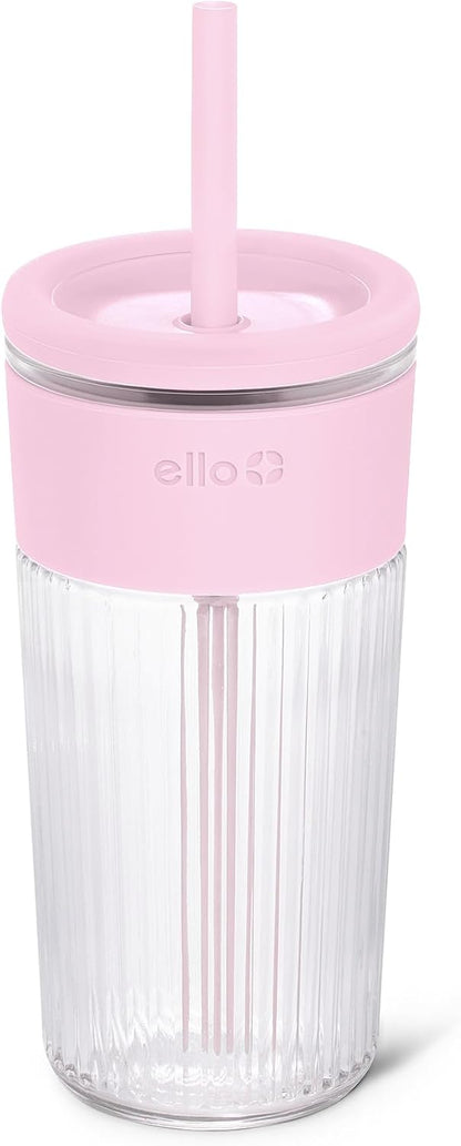 Devon Glass Tumbler , Protective No Sweat Silicone Sleeve and Splash Proof Wooden Detail Lid with Straw, 18 oz | Glass smoothie cup with friction-fit lid. BPA-free, great for iced coffee, tea, and cold drinks.