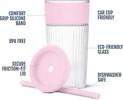 Devon Glass Tumbler , Protective No Sweat Silicone Sleeve and Splash Proof Wooden Detail Lid with Straw, 18 oz | Glass smoothie cup with friction-fit lid. BPA-free, great for iced coffee, tea, and cold drinks.