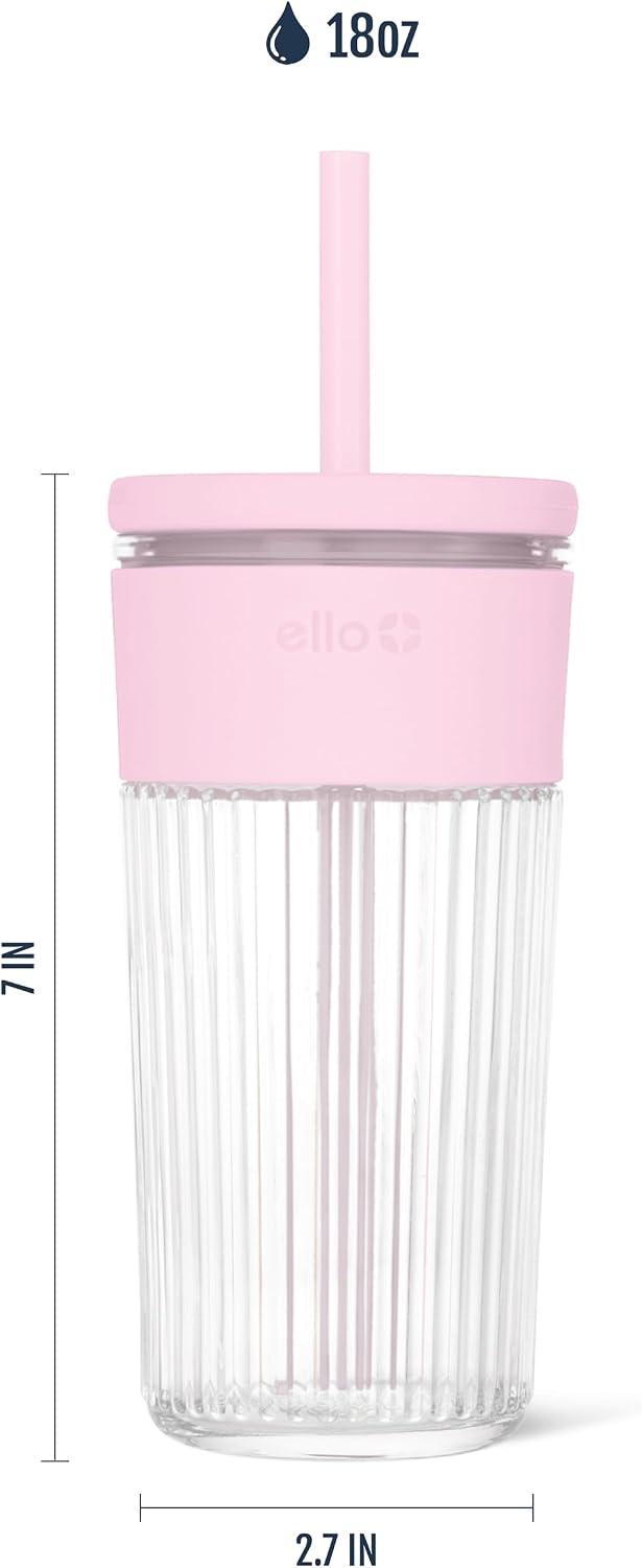 Devon Glass Tumbler , Protective No Sweat Silicone Sleeve and Splash Proof Wooden Detail Lid with Straw, 18 oz | Glass smoothie cup with friction-fit lid. BPA-free, great for iced coffee, tea, and cold drinks.