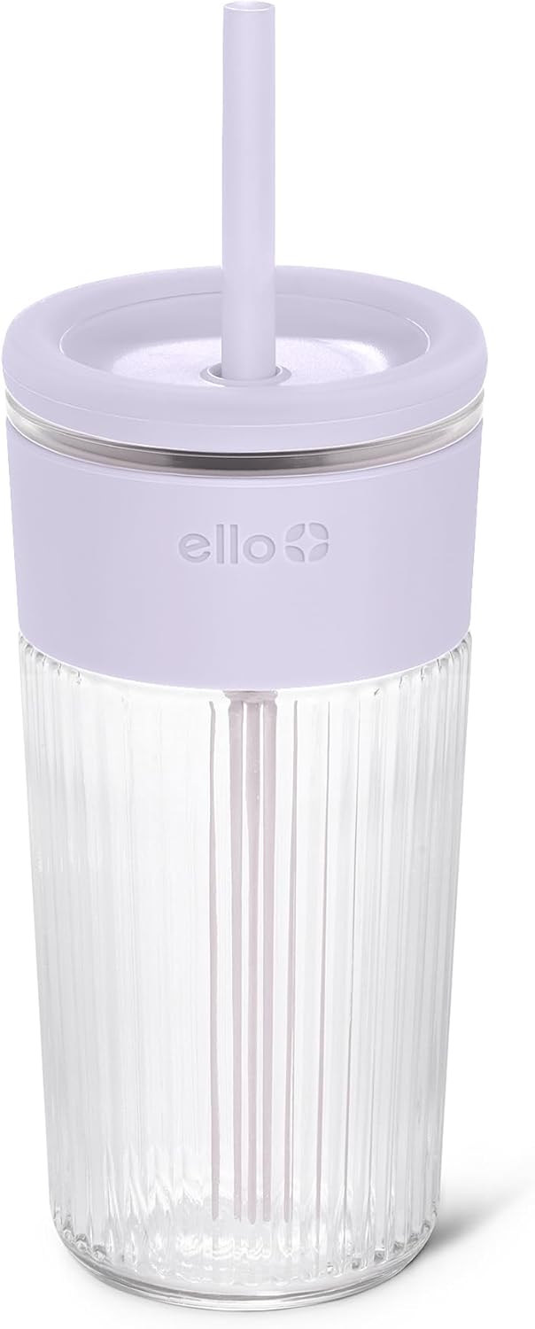 Devon Glass Tumbler , Protective No Sweat Silicone Sleeve and Splash Proof Wooden Detail Lid with Straw, 18 oz | Glass smoothie cup with friction-fit lid. BPA-free, great for iced coffee, tea, and cold drinks.