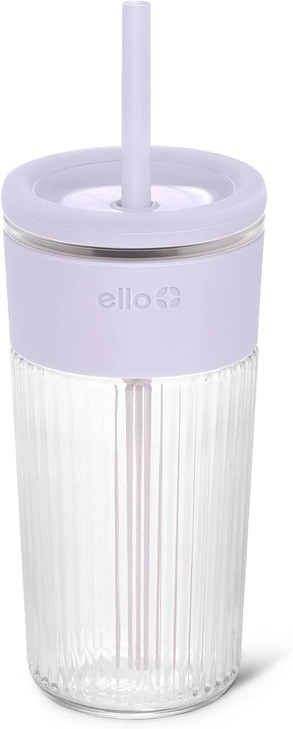 Devon Glass Tumbler , Protective No Sweat Silicone Sleeve and Splash Proof Wooden Detail Lid with Straw, 18 oz | Glass smoothie cup with friction-fit lid. BPA-free, great for iced coffee, tea, and cold drinks.