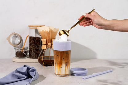 Devon Glass Tumbler , Protective No Sweat Silicone Sleeve and Splash Proof Wooden Detail Lid with Straw, 18 oz | Glass smoothie cup with friction-fit lid. BPA-free, great for iced coffee, tea, and cold drinks.