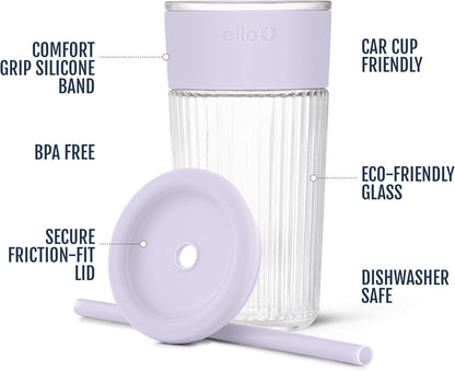 Devon Glass Tumbler , Protective No Sweat Silicone Sleeve and Splash Proof Wooden Detail Lid with Straw, 18 oz | Glass smoothie cup with friction-fit lid. BPA-free, great for iced coffee, tea, and cold drinks.