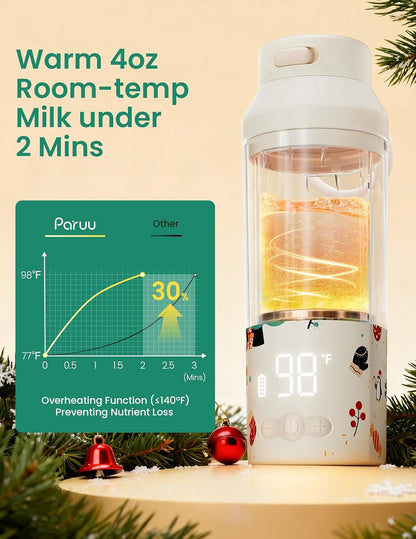Portable Bottle Warmer for Travel, Easy-Clean Wide Mouth, Fast Heating for Night Feeding, 7-Temp Control, Large 12oz Capacity, Ideal Gifts for New Parents, Pink