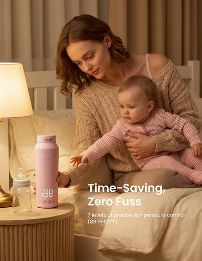 Portable Bottle Warmer for Travel, Easy-Clean Wide Mouth, Fast Heating for Night Feeding, 7-Temp Control, Large 12oz Capacity, Ideal Gifts for New Parents, Pink