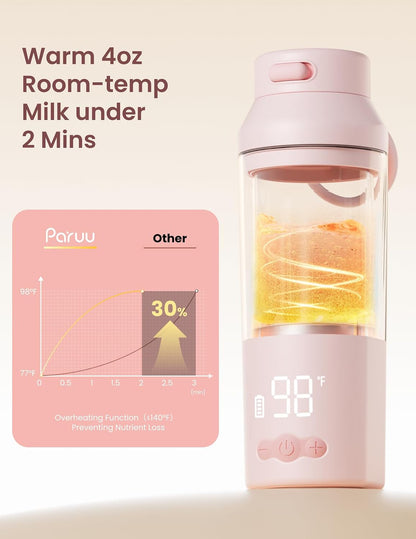 Portable Bottle Warmer for Travel, Easy-Clean Wide Mouth, Fast Heating for Night Feeding, 7-Temp Control, Large 12oz Capacity, Ideal Gifts for New Parents, Pink