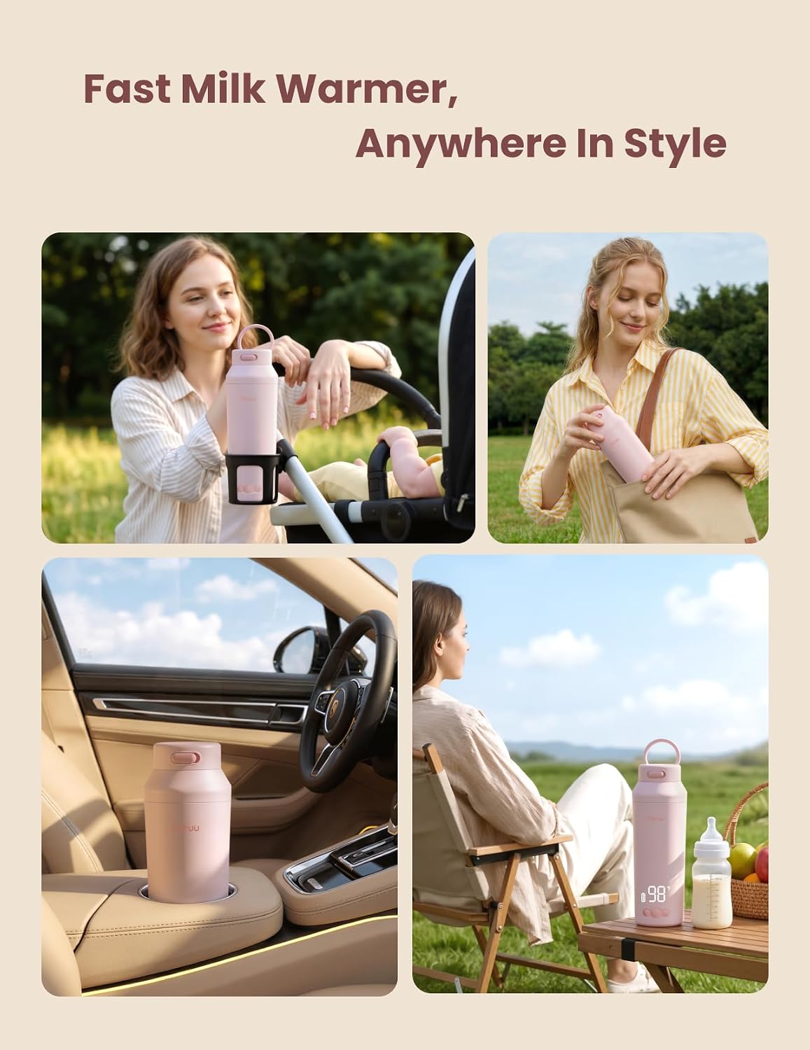 Portable Bottle Warmer for Travel, Easy-Clean Wide Mouth, Fast Heating for Night Feeding, 7-Temp Control, Large 12oz Capacity, Ideal Gifts for New Parents, Pink