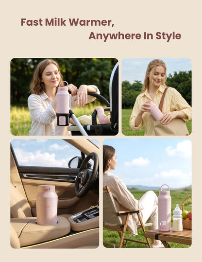 Portable Bottle Warmer for Travel, Easy-Clean Wide Mouth, Fast Heating for Night Feeding, 7-Temp Control, Large 12oz Capacity, Ideal Gifts for New Parents, Pink