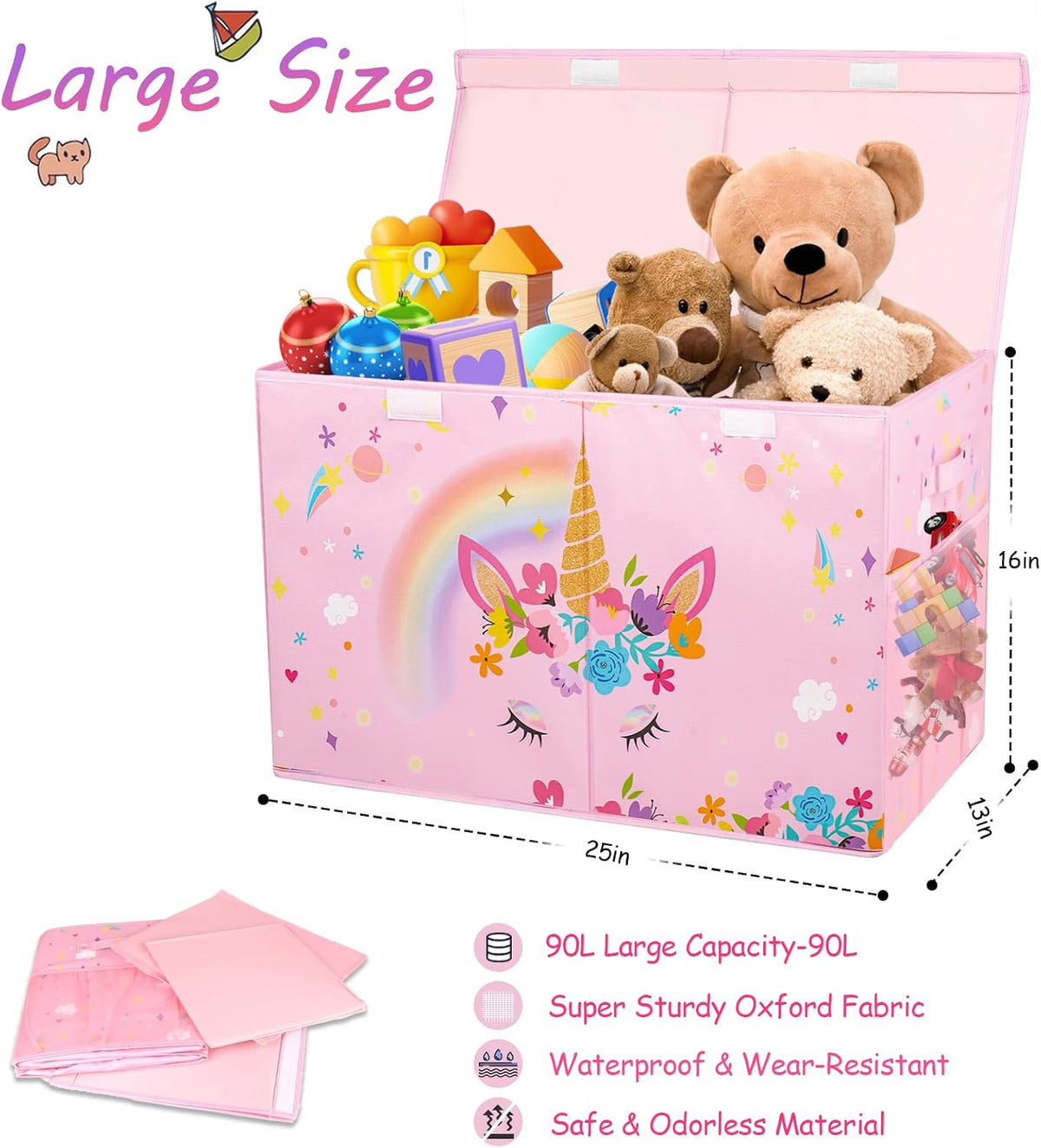 Large Toy Box, Sturdy Kids Storage Organizer for Boys Girls, 25"x13"x16"