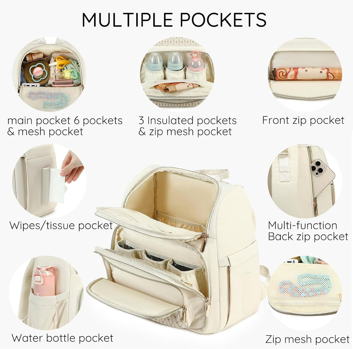 Large Diaper Bag Backpack, Stylish Baby Travel Diaper Bag, Beige