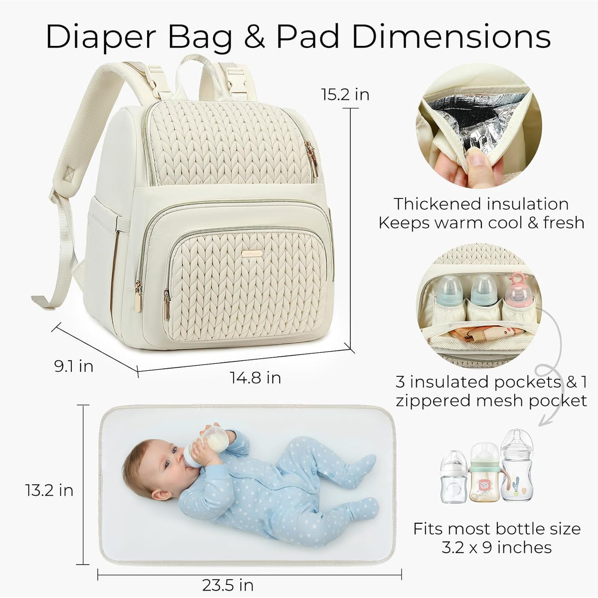 Large Diaper Bag Backpack, Stylish Baby Travel Diaper Bag, Beige