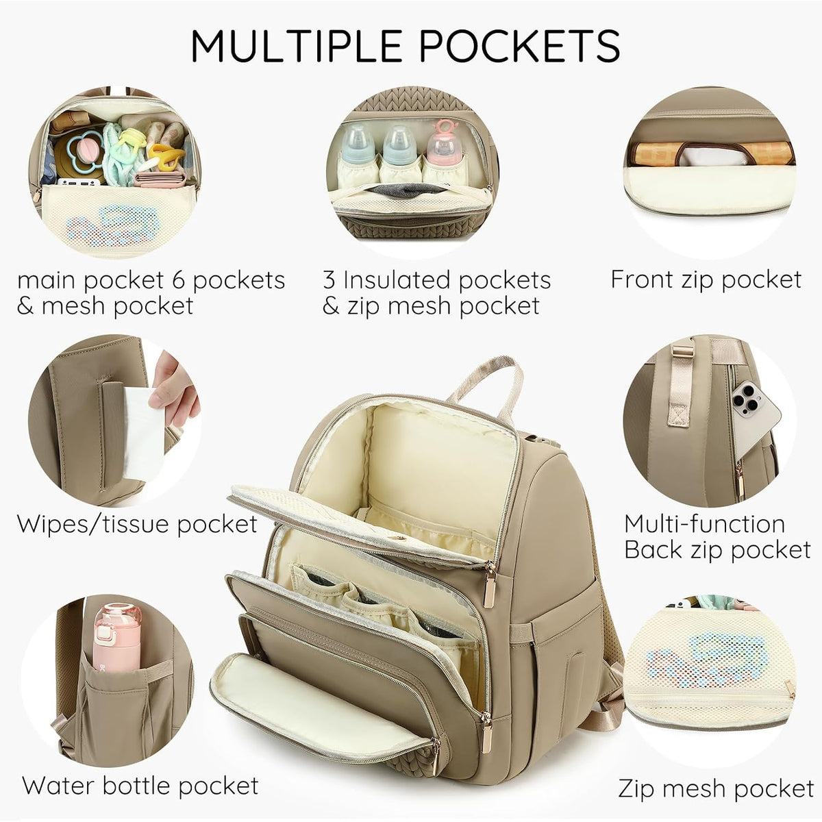 Large Diaper Bag Backpack, Stylish Baby Travel Diaper Bag, Beige