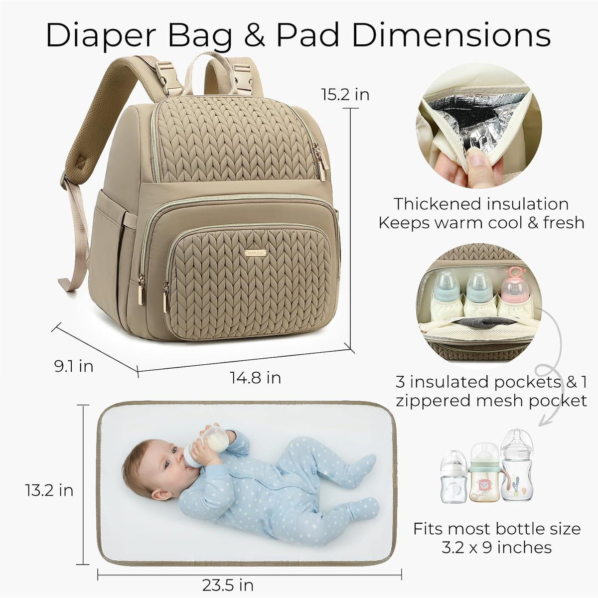 Large Diaper Bag Backpack, Stylish Baby Travel Diaper Bag, Beige